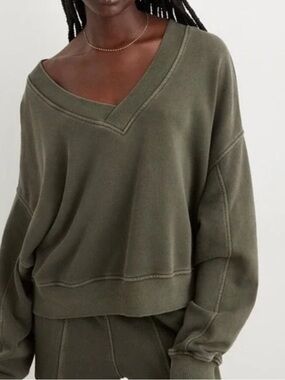 Aerie House Party V Neck Cropped Sweatshirt Oversized Cropped Olive Green